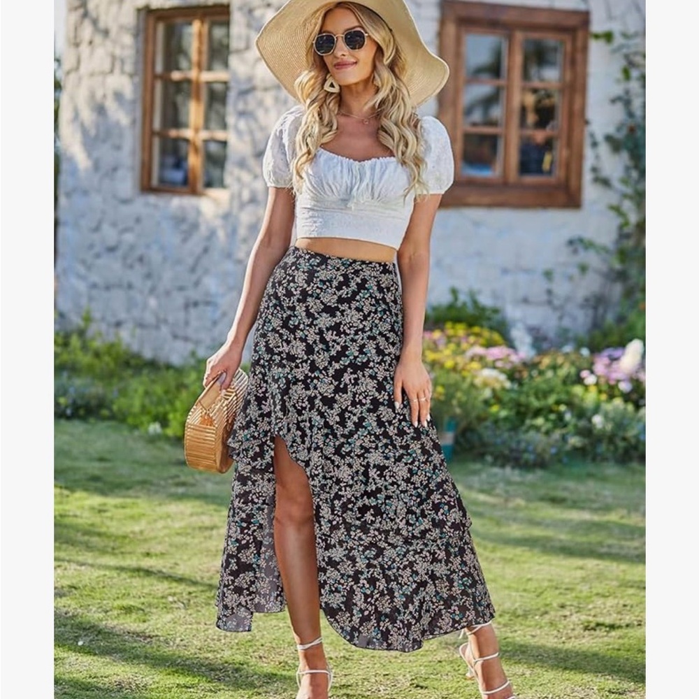 FLORAL MAXI SKIRT HIGH SLIT FLOWY BOHO ELASTIC WAIST